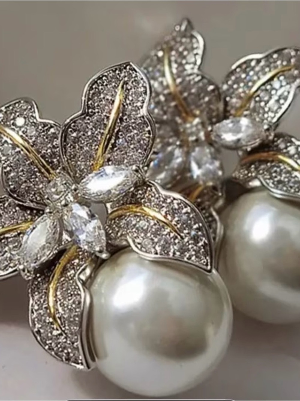 Pearl Drop Butterfly Earrings with Crystal Accents - White & Gold